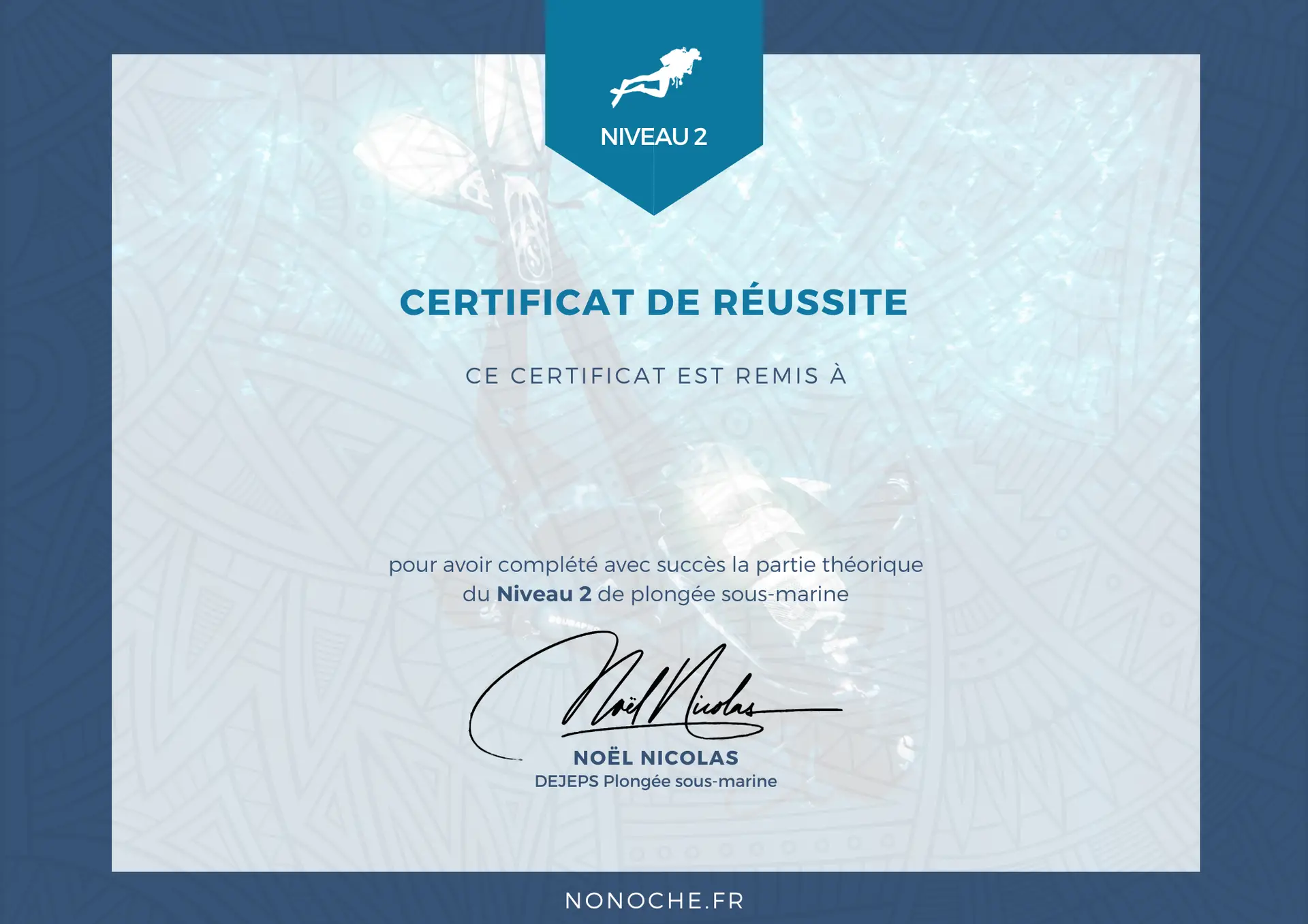 Certificat de réussite Théorie Niveau 2 de plongée Nonoche